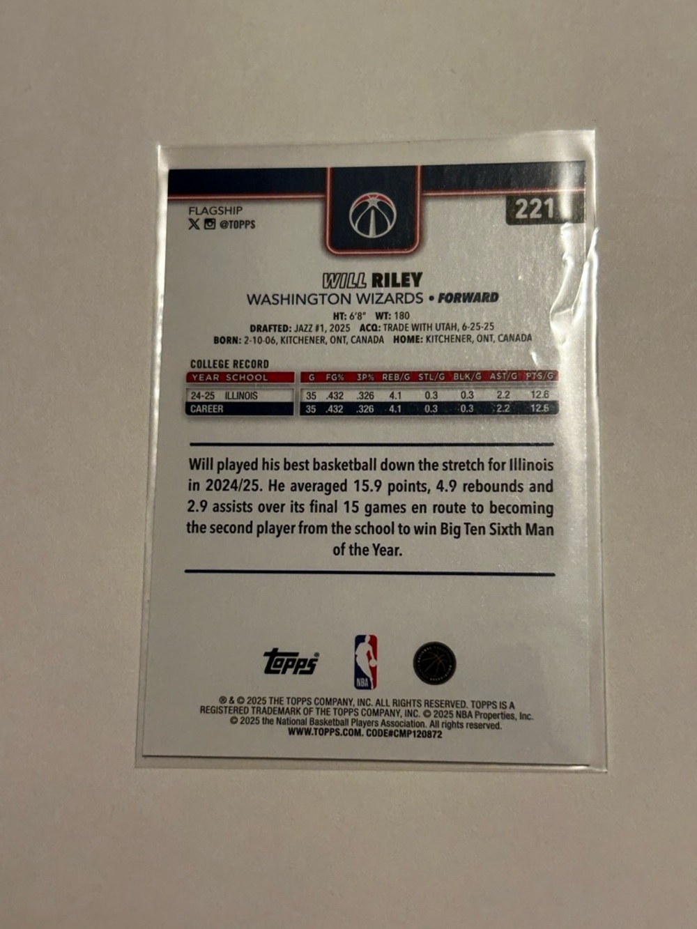 Topps Washington Wizards Will Riley Rookie Card - Picture 2 of 2